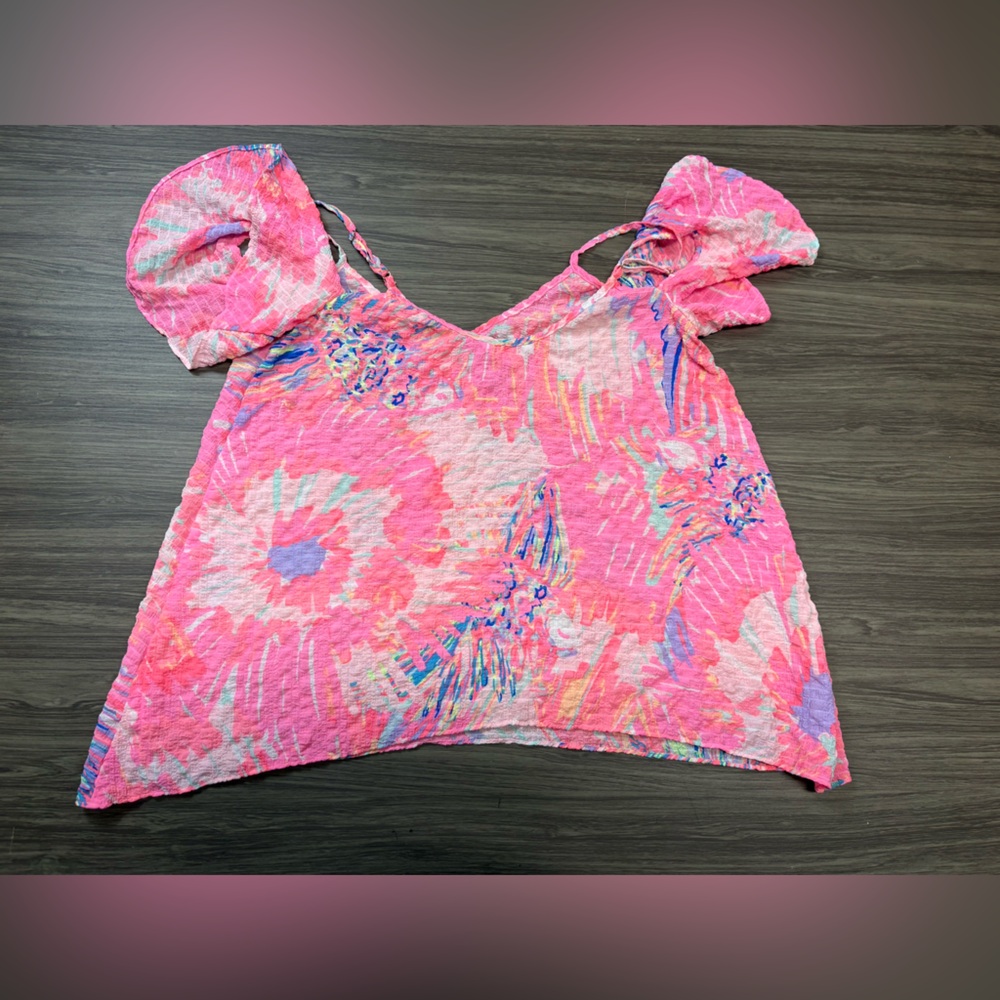 Lilly Pulitzer Women XS Pink Multi Never Been Betta Cold Shoulder Aruna Top - Picture 6 of 6